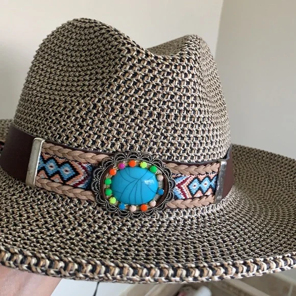 NWT COOL FASHION Brand Brown and tan adjustable hat w turquoise multi stone band - Picture 10 of 11
